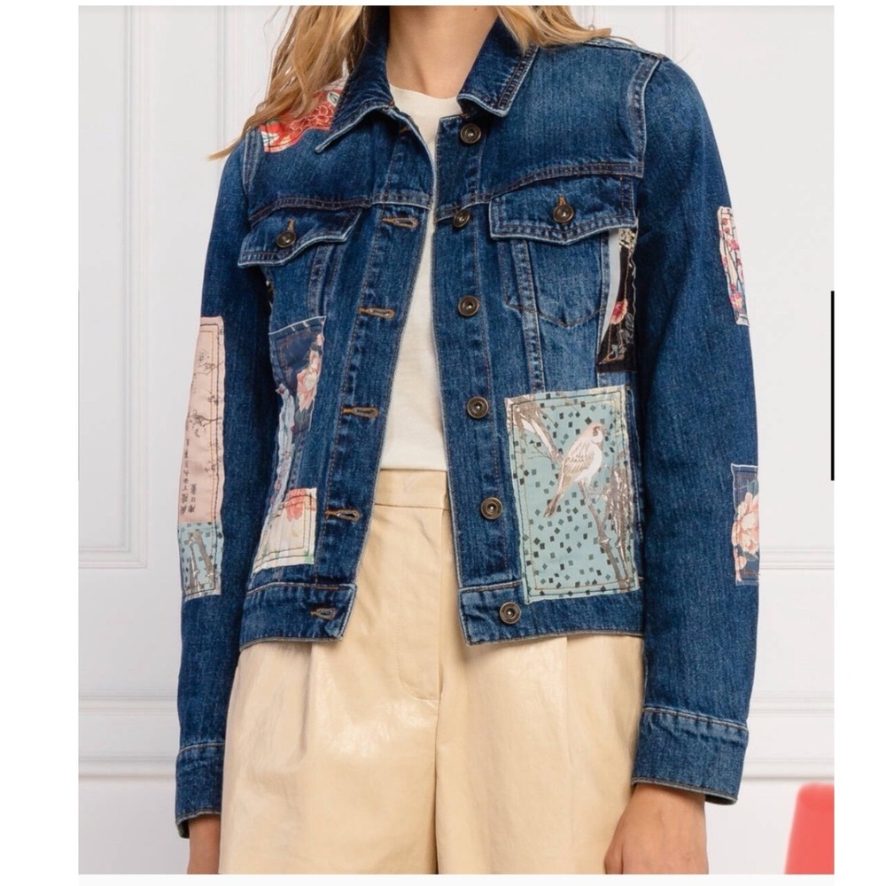 Desigual Patchwork Denim Jacket Blue Floral Bird Print Boho Trucker Size 44